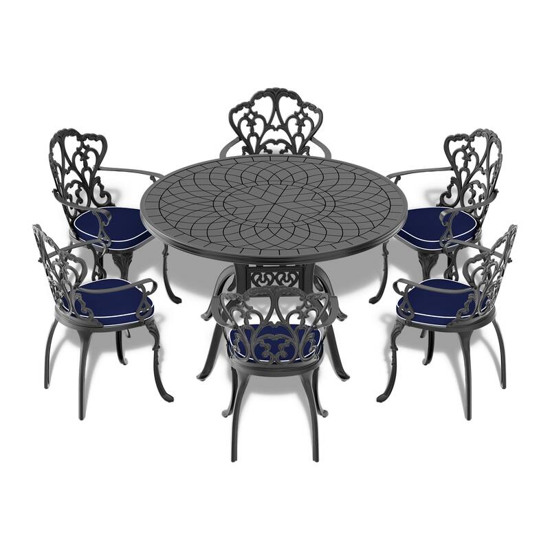 Ø47.24-inch Cast Aluminum Patio Dining table With Black Frame and Carved Texture on the tabletop