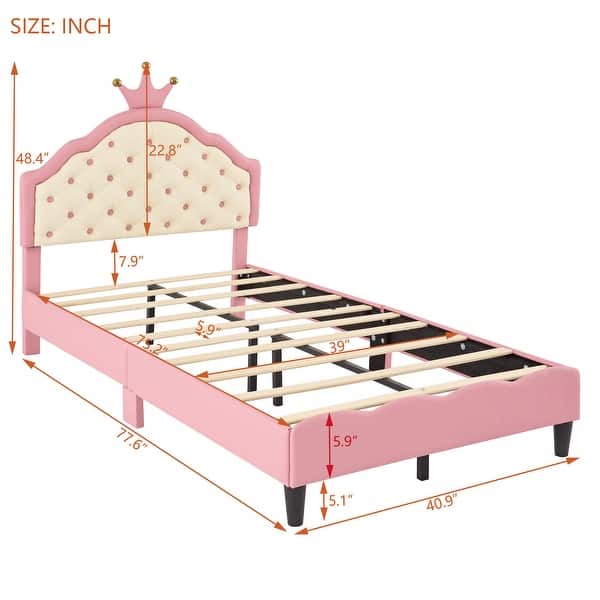 Twin Size PU Leather Princess Bed with Crown-Shaped Tufted Headboard, Pink and Cream Upholstered Kids Bed