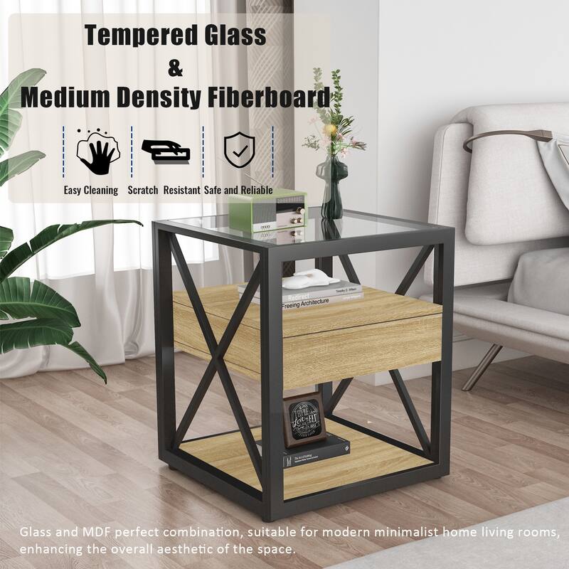 Set Of 2 Modern End Table With Drawer - Nightstand For,Rustic Wood Grain Mdf&Tempered Glass Top, Industrial Style Side Table