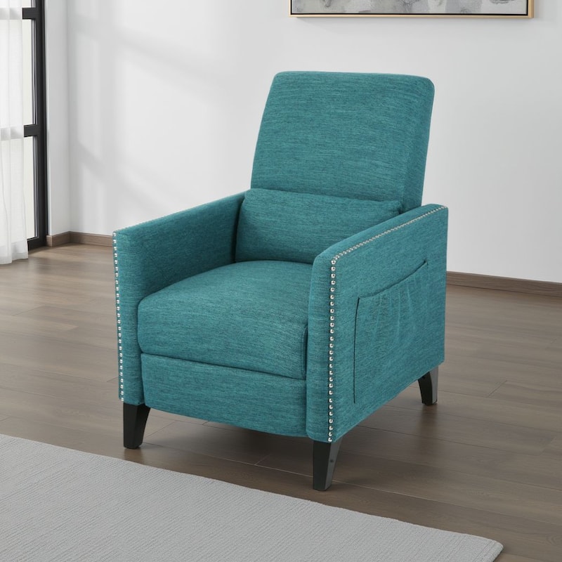Davy Pushback Recliner Chair, Nailhead Trim, Birch Wood, Teal Fabric