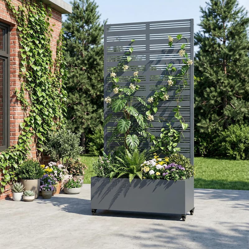 Outdoor Metal Galvanized Privacy Screen Planter Box with Trellis Lockable Wheels