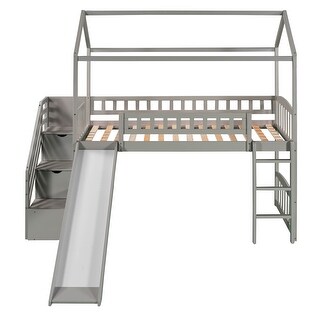 Twin House Loft Bed w/ 2 Drawers and Slide, Storage Staircases, Gray