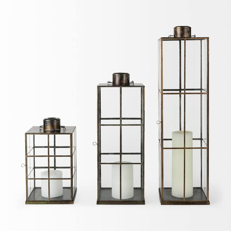 Grimwig Large Gold Metal & Glass Square Candle Holder Lantern