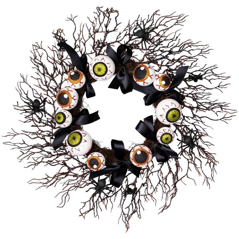 Eyeballs and Spiders Halloween Twig Wreath - 24" - Unlit
