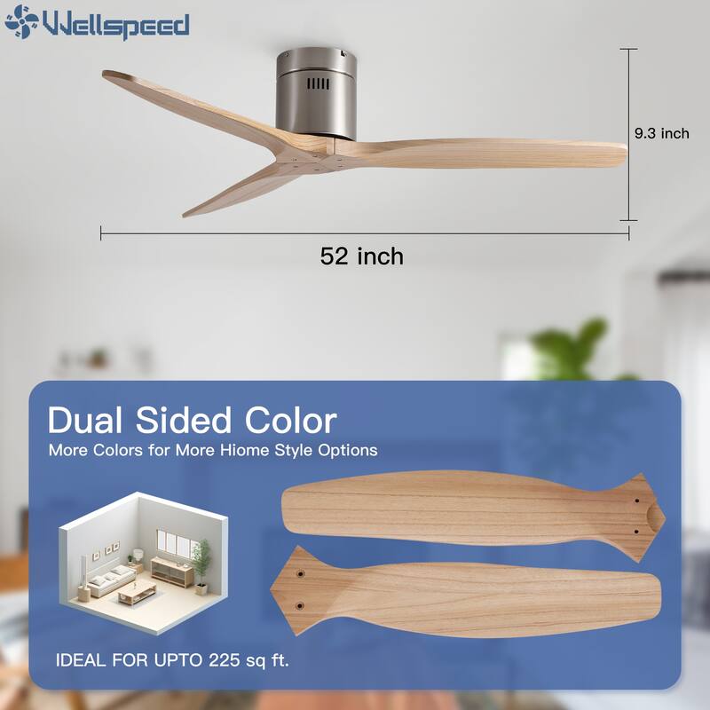52In. Farmhouse Indoor Flush Mount Low Profile Ceiling Fan with Solid Wood Blades and Remote Control