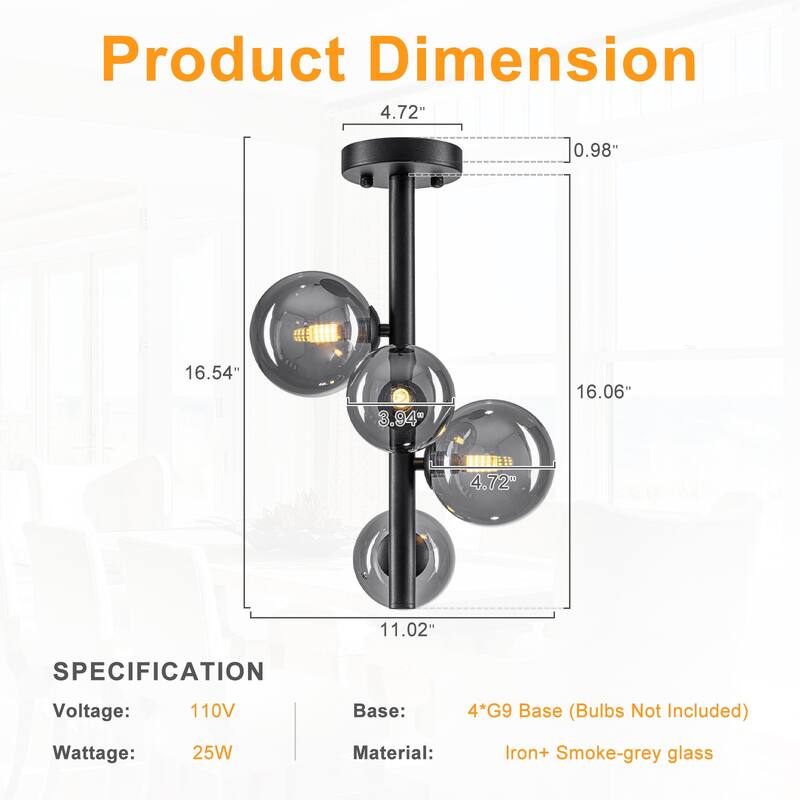 8 Lights Modern Semi-Flush Mount Ceiling Light Smoky Gray Glass Globe