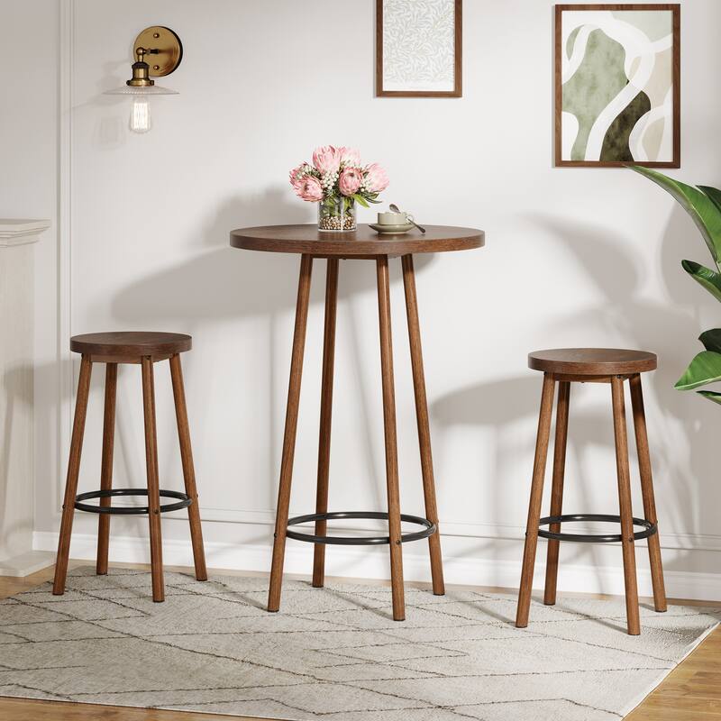 Industrial Pub Table Set 23.6" Round, 2 Stools, Small Bar Height for Kitchen Dining Living Room