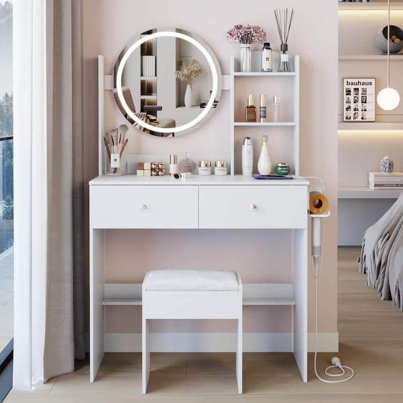 17"Round LED Mirror Vanity Table+Cushioned Stool,With 2 AC+2 USB Power Socket,Touch Switch,3 Colors,Multi-layer Capacity Storage - White