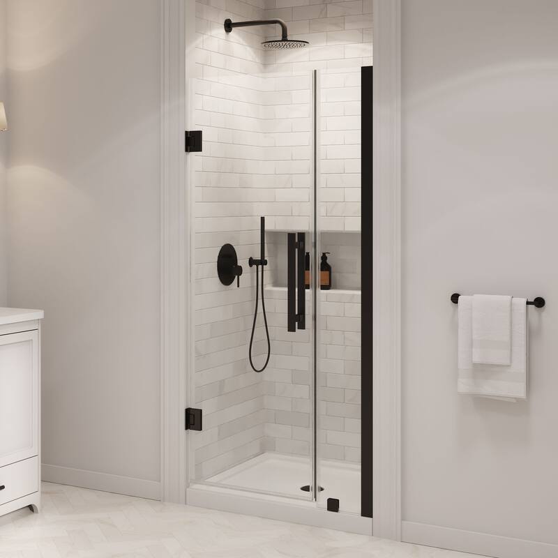 OVE Panama Alcove Frameless Pivot Hinge Shower Door Kit with Base Pan, 2025 - 36"x32" - Matte Black