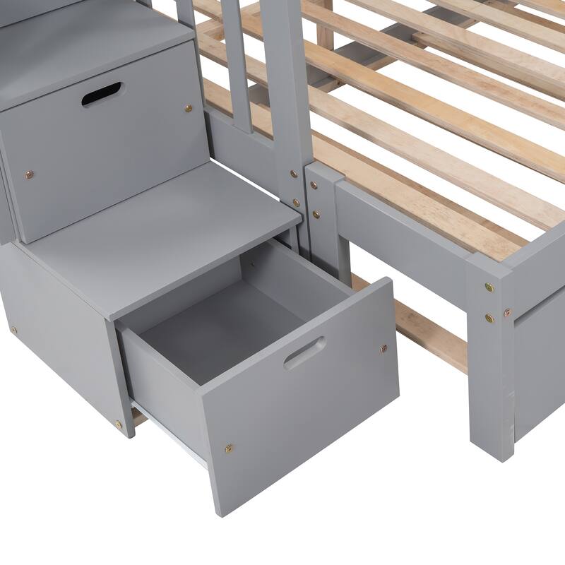 Twin over Twin/Full Bunk Bed with Trundle, Solid Wood Staircase Bunk Bed with Storage Drawers, No Box Spring Needed
