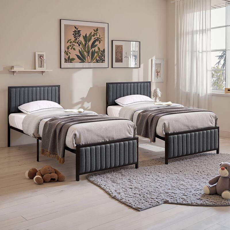 VECELO Twin Size Bed Frame Faux Leather Upholstered Platform Bed Twin Size Bed Set of 2