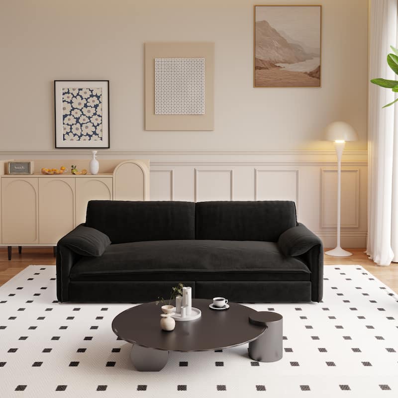 66" Queen Velvet Pull Out Sofa Bed w/ Side Storage Multi-Functional Loveseat Bed for Living Room Office - Black