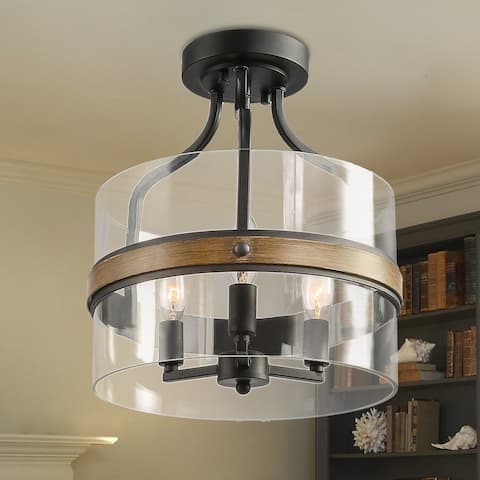 Carbon Loft 3-light Farmhouse Semi-Flush Mount Drum Glass Ceiling Light for Hallway - W 12"x H 14.6"