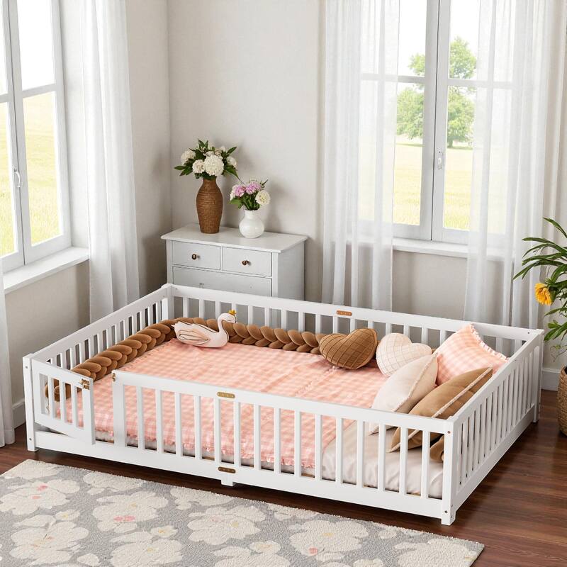 Twin/Full/Queen Size Wood Floor Bed with Door and Guardrails for Kids, Montessori Bed with Removable Slats - White - Queen