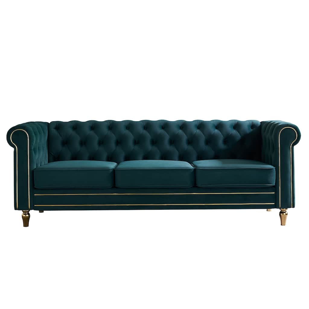 Chesterfield Velvet Sofa 84.65" - Tufted Back, Rolled Arms