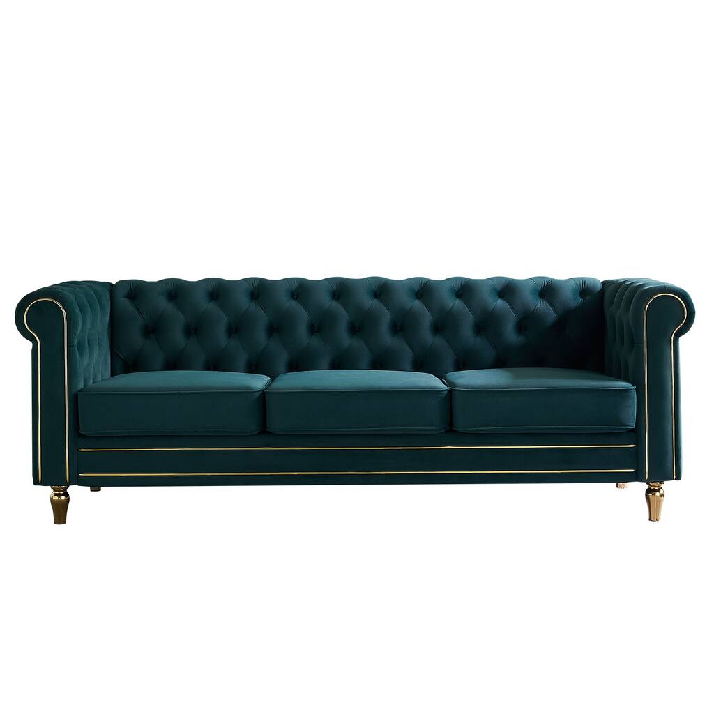 Modern Chesterfield Couch with Button Tufting, High-Density Foam & Gold Accents - 85'' Wide