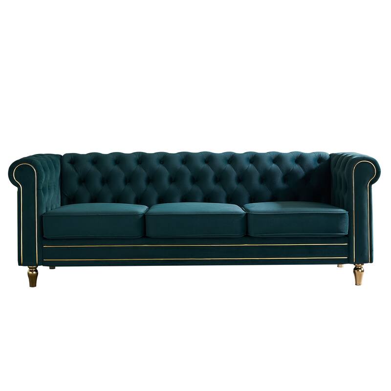Velvet Chesterfield Sofa, 3-Seater with Rolled Arms, Tufted Back, Metal Legs for Living Room