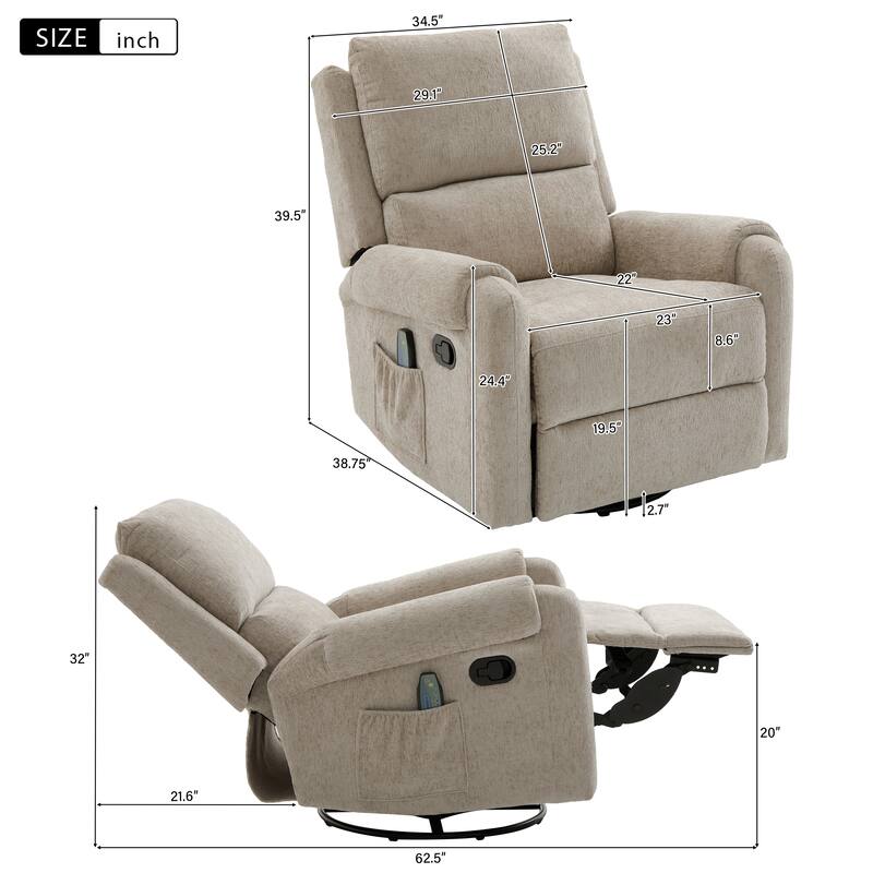 Manual Recliner Massage Recliner Chair Nursery Recliner Chair Swivel Rocker Recliner Sofa with a Side Storage Pocket