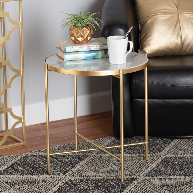 Maddock Contemporary Gold Metal End Table with Real Marble Tabletop