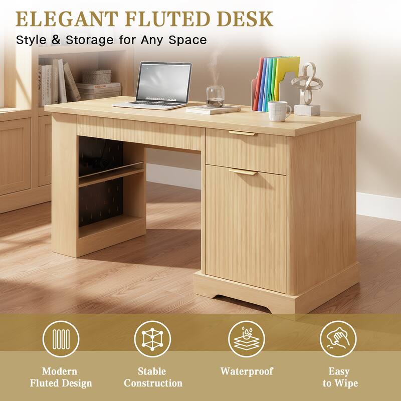 Roomfitters 55" Modern Fluted Office Desk with Charging Station, Storage Cabinet & Pegboard