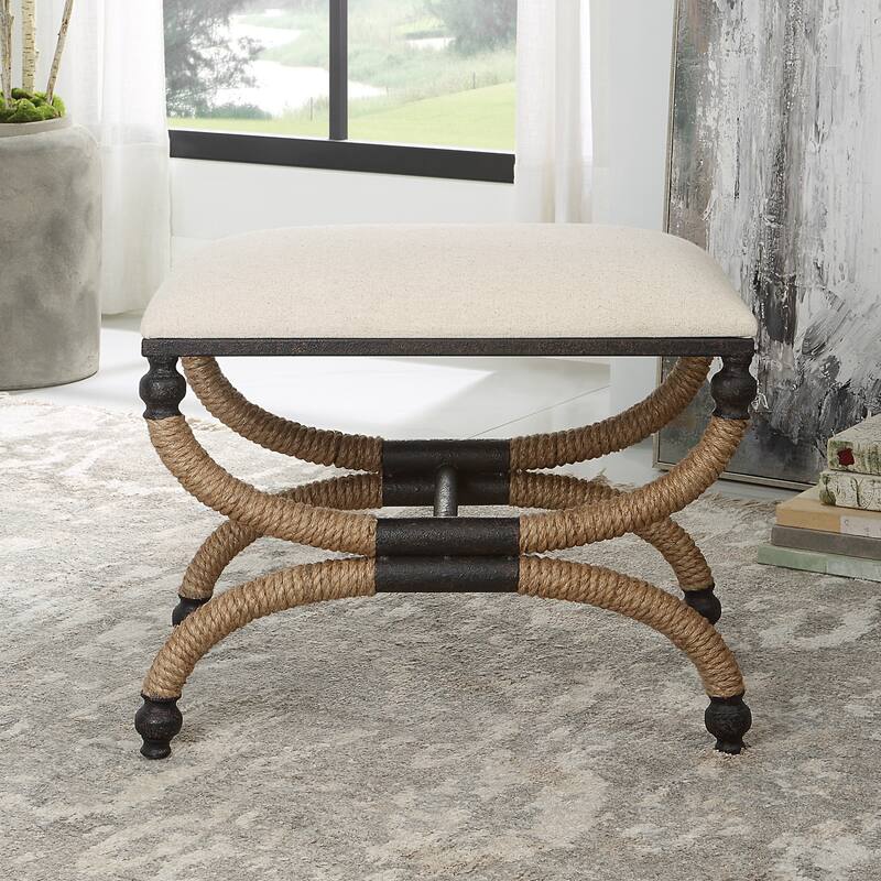Cushioned Top Small Bench With Rustic Curved Base 24" White and Brown