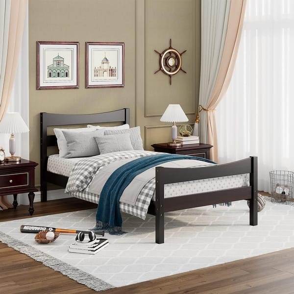 slide 2 of 10, Gymax Twin Size Platform Bed Frame Foundation w/Headboard &Wood Slat - Espresso Espresso - See Details