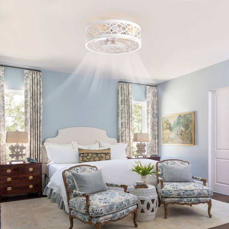 16.5in Vintage Distressed White Flush Mount Caged Ceiling Fan with Remote Light(7-Blade)