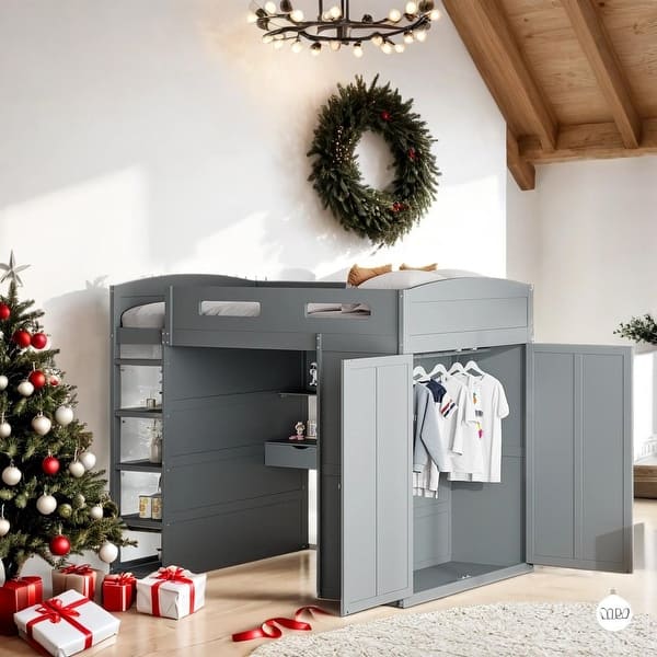 slide 2 of 36, Full Size Loft Bed with Desk, Wardrobes, 4 Drawers and 4 Shelves Gray
