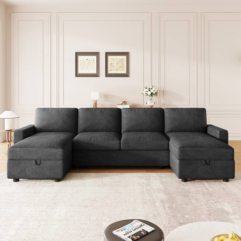 103.9" Sectional Sofa Convertible Sectional Sofa, U-shaped Sofa with Two Storage Chaise Lounges and Four USB Ports