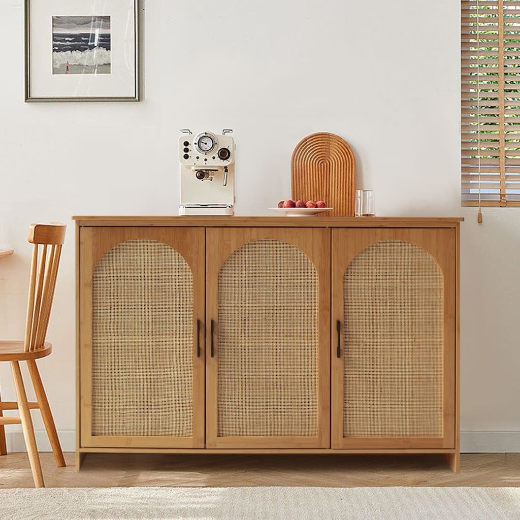 VEIKOUS 3-Door Natural Rattan Bamboo Sideboard Buffet Kitchen Storage Cabinet