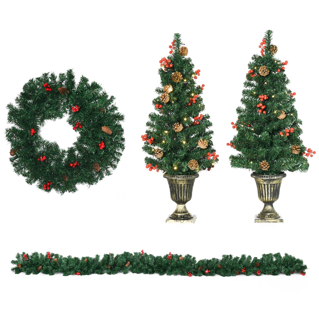 4-Piece Pre-Lit Christmas Set with Trees, Garland & Wreath, Battery-Powered LED Lights