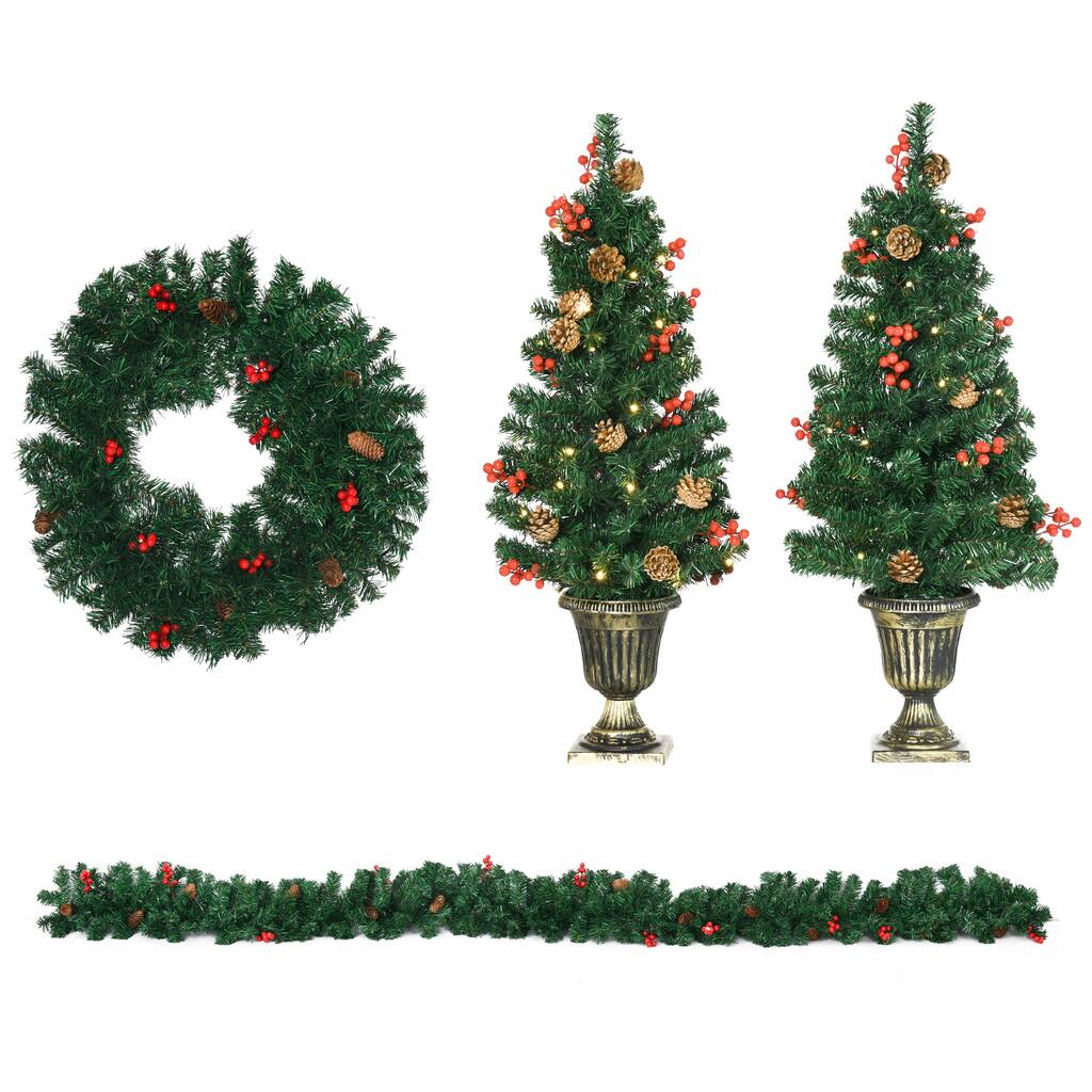Christmas Tree Set with LED Lights, Red Berries & Pinecones, 4-Piece Holiday Decor