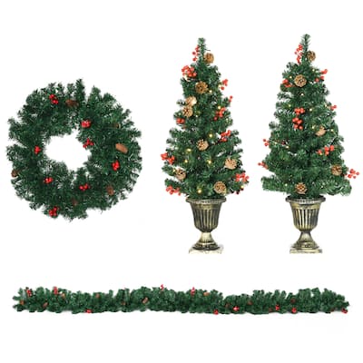 Holiday 4-Piece Set: Prelit Wreath, Garland & 2 Entrance Trees with Warm LED Lights