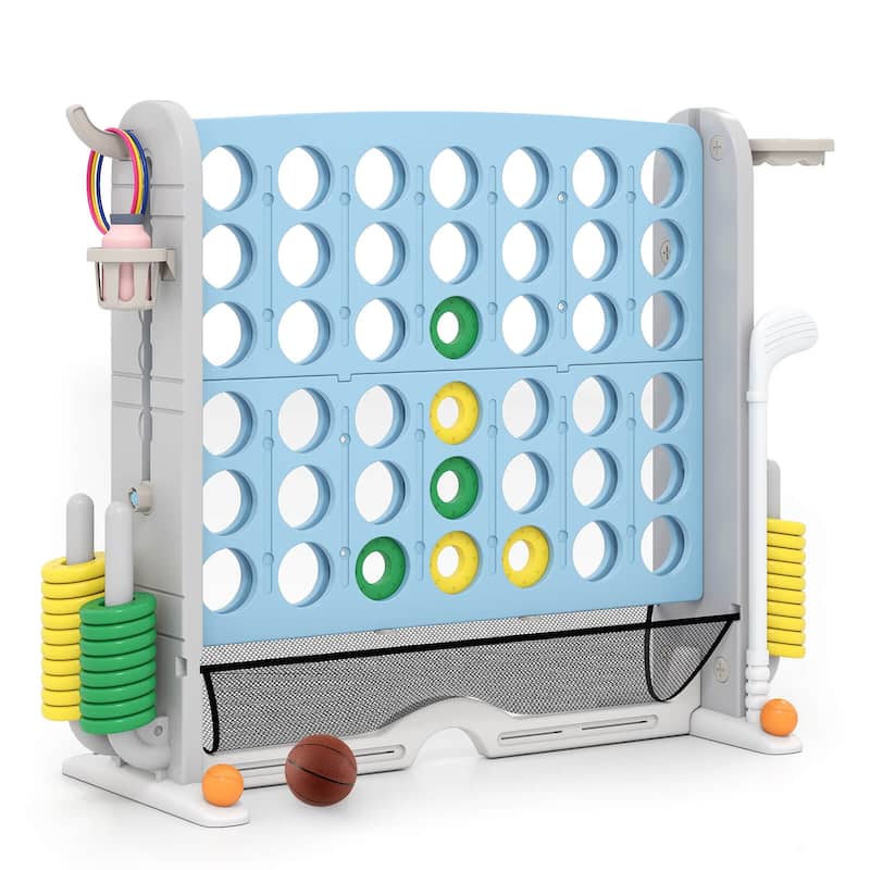 Costway Giant 4-in-a-Row Game Set with Ring-toss, Basketball Hoop, - See Details - Blue & Gray