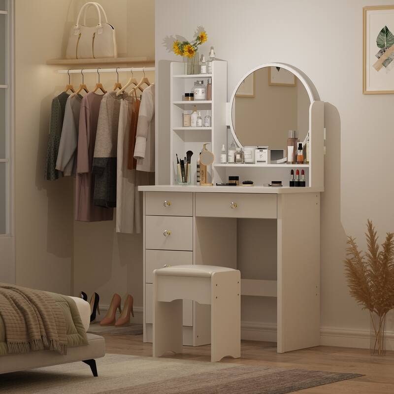 Makeup Vanity Set Dresser w/Mirror Stool 5 Drawers - White/Pink/Black - 31.5"L x 15.7"W x 52"H