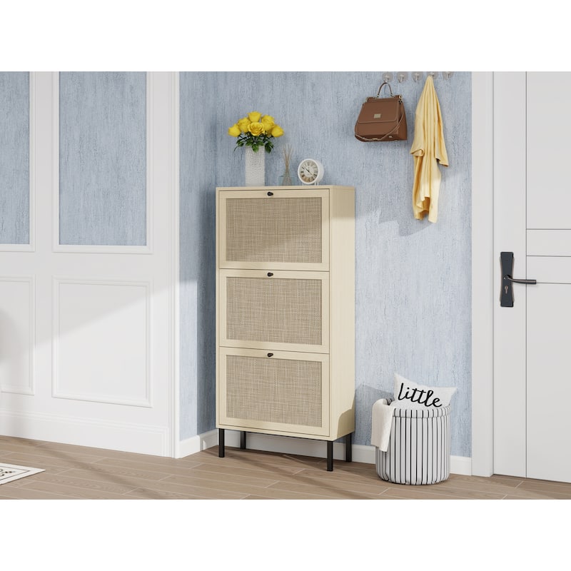 Roomfitters Rattan Shoe Cabinet, Modern Freestanding Shoe Storage Organizer with 3 Flip Doors