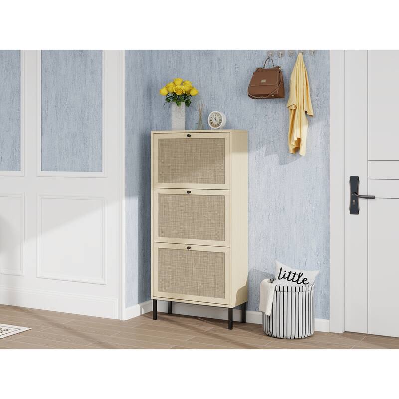 Shoe Storage Cabinet with 3 Flip Drawers, Freestanding 3-Tier Shoe Rack, Slim Shoe Organizer with Half Round Woven Rattan Doors