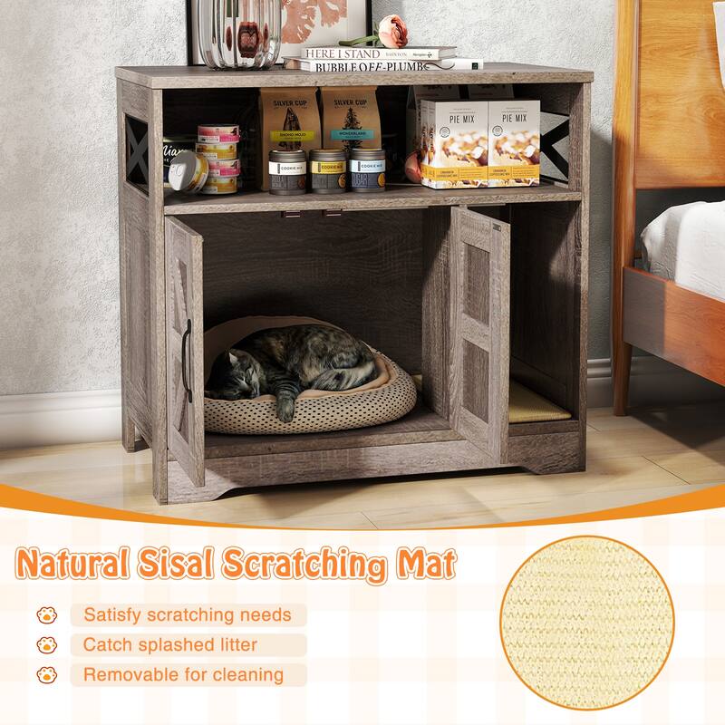 Grey Engineered Wood Cat Litter Box Enclosure with Sisal Scratch Pad and Storage - 31" L x 17" W x 28" H