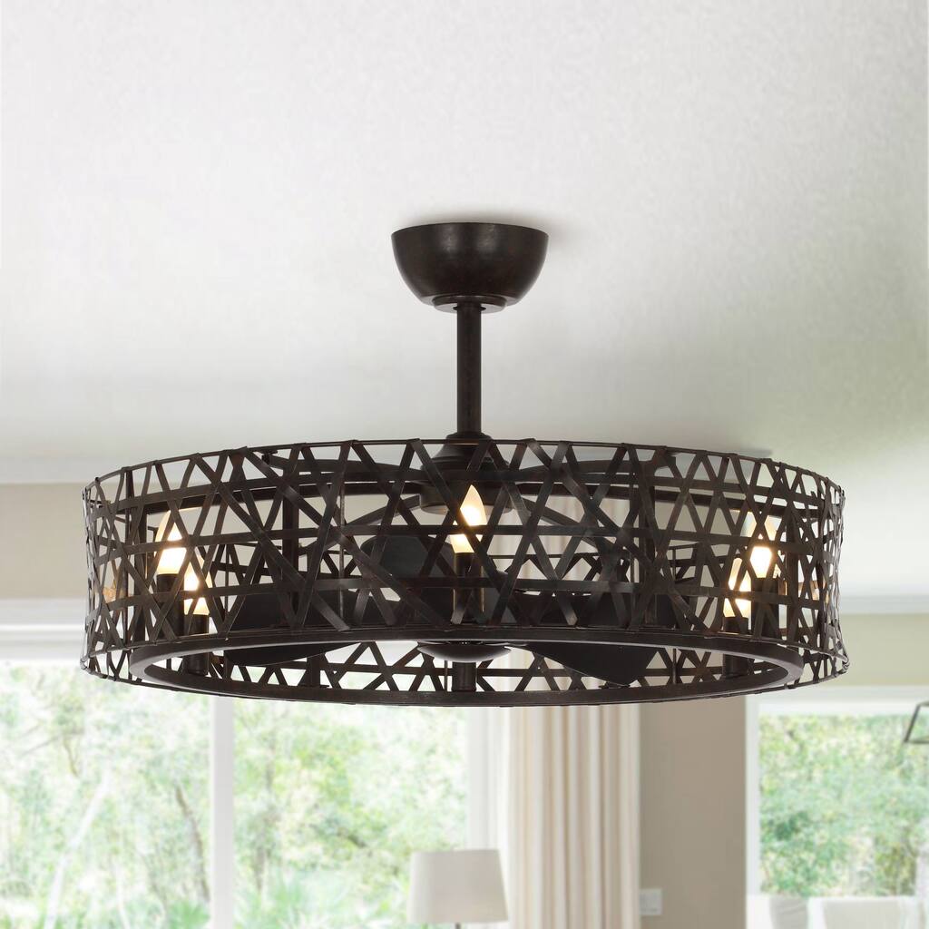 32" Rustic Iron Cage LED Ceiling Fan Chandelier with Remote