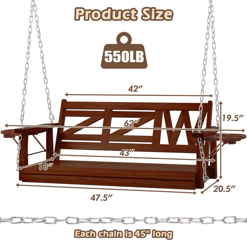 2 or 3-person Wood Porch Swing Heavy Duty with Foldable Tray
