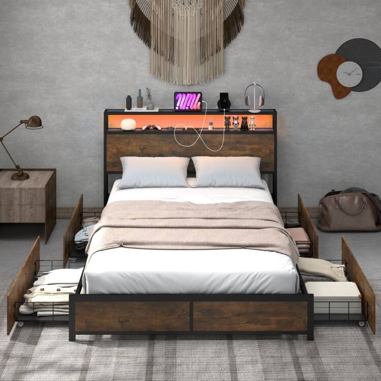 Full/Queen Size Bed Frame with Smart LED Lights and Storage Drawers