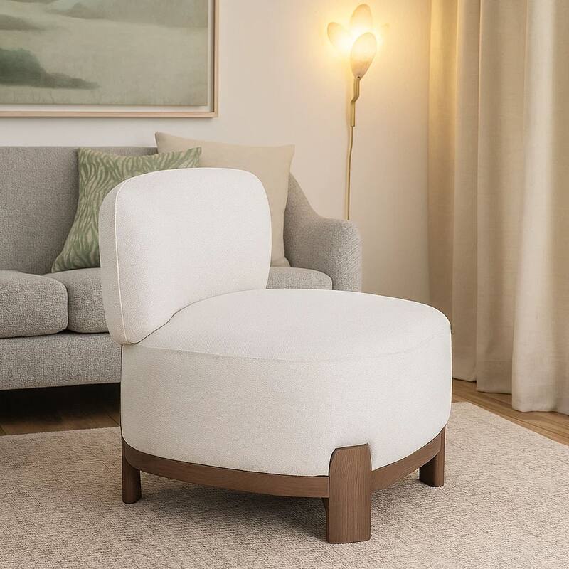 Dem Accent Chair, Armless Cream White Polyester Seat, Wood legs n Trim