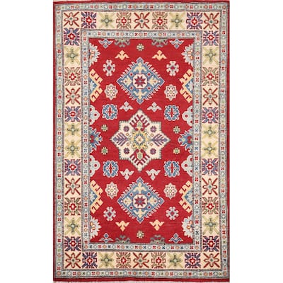 Red Geometric Kazak Oriental Foyer Rug Hand-Knotted Wool Carpet - 3'4" x 5'6"