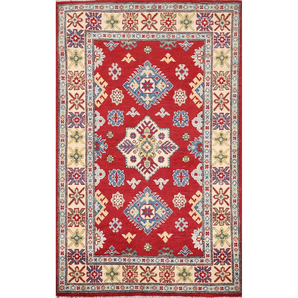Red Geometric Kazak Oriental Foyer Rug Hand-Knotted Wool Carpet - 3'4" x 5'6"