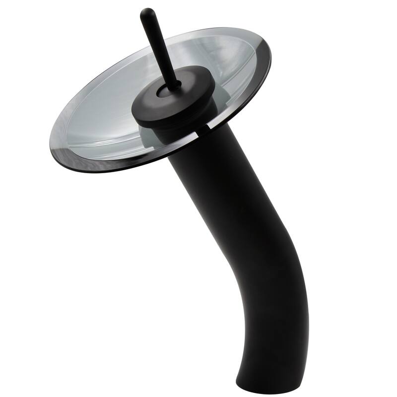 Novatto GF-001MB-S-PUD FALLS Single Lever Waterfall Vessel Faucet Drain Set, Black/ Smoke Glass