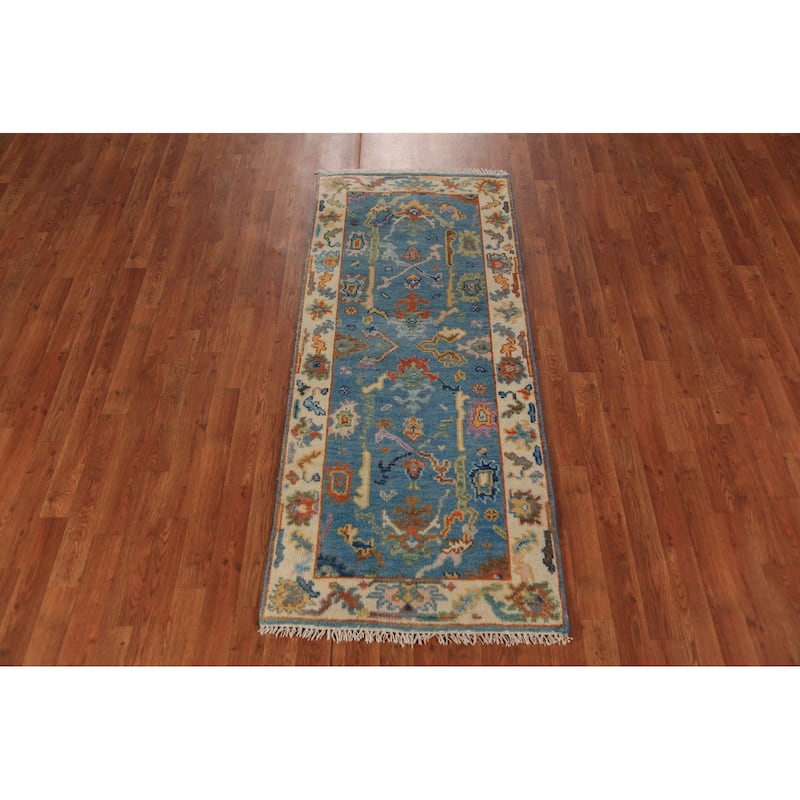 Light Blue & Ivory Oushak Indian Foyer Rug Hand-Knotted Wool Carpet - 2'6"x 6'1"