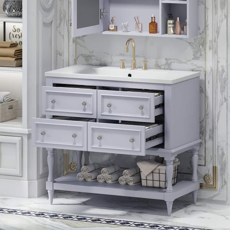 36 inch MDF Freestanding Bathroom Vanity with Integrated Ceramic Sink and Drawers - 36'' x 18'' x 34''
