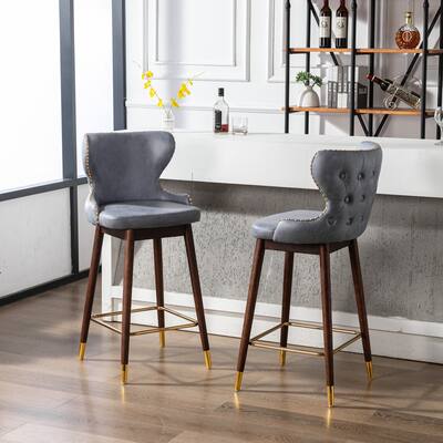 Vintage Fabric Bar Chairs Counter Stool for Kitchen Island 26" Side Chairs W/ Back Tufted Nailhead Decoration (Set of 2), Blue