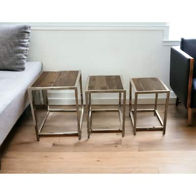 Modern Silver Nesting Tables Set of 3 Brown Wood Top and Stainless-Steel Frame for Living Room - 20"L x 16"W x 20.5"H