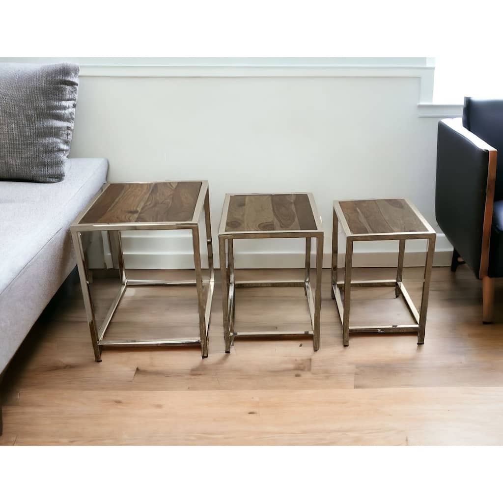 Modern Silver Nesting Tables Set of 3 Brown Wood Top and Stainless-Steel Frame for Living Room - 20"L x 16"W x 20.5"H